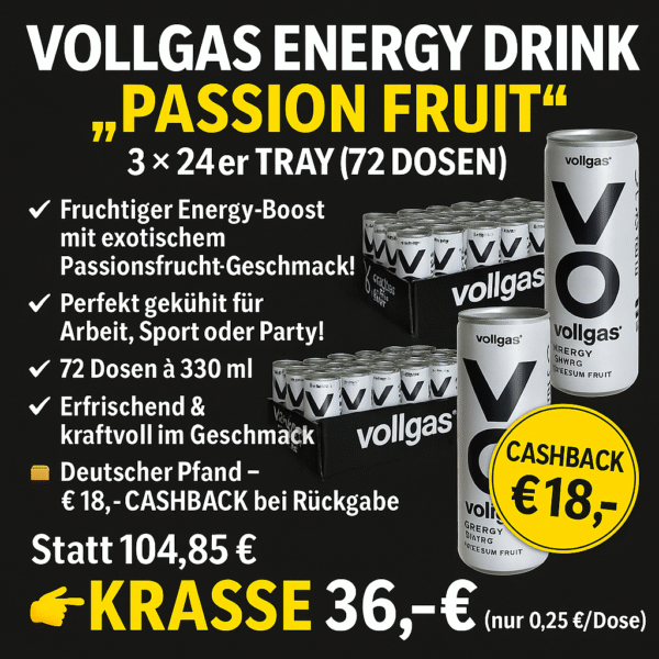 Vollgas Energy Drink „Passion Fruit“ – 3 × 24er Tray (72 Dosen)