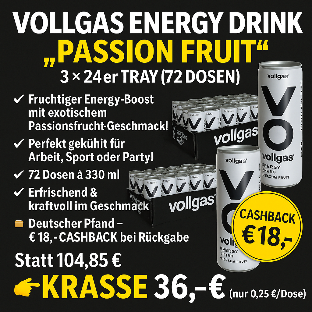 Vollgas Energy Drink „Passion Fruit“ – 3 × 24er Tray (72 Dosen)