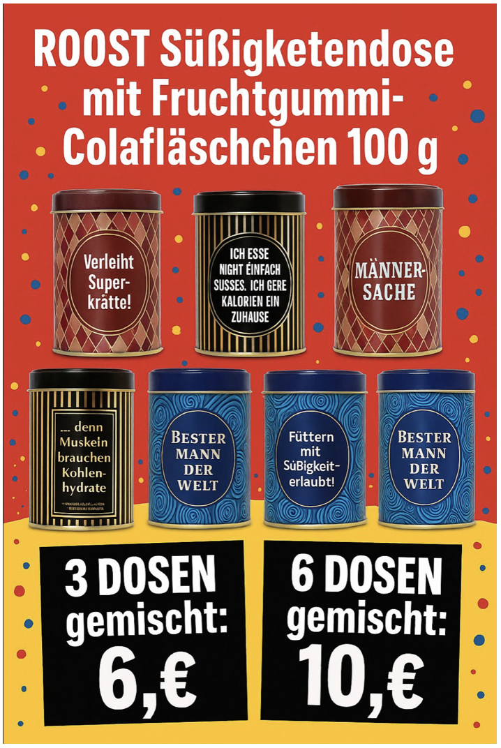 ROOST Süssigkeitendose mit Fruchtgummi-Colafläschchen 100g (3 Sorten)