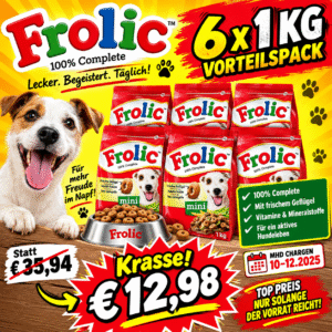 Frolic Trockenfutter für Hunde, mit Geflügel, Getreide und Gemüse, 6 x 1 KG- MHD Chargen 10-12.2025