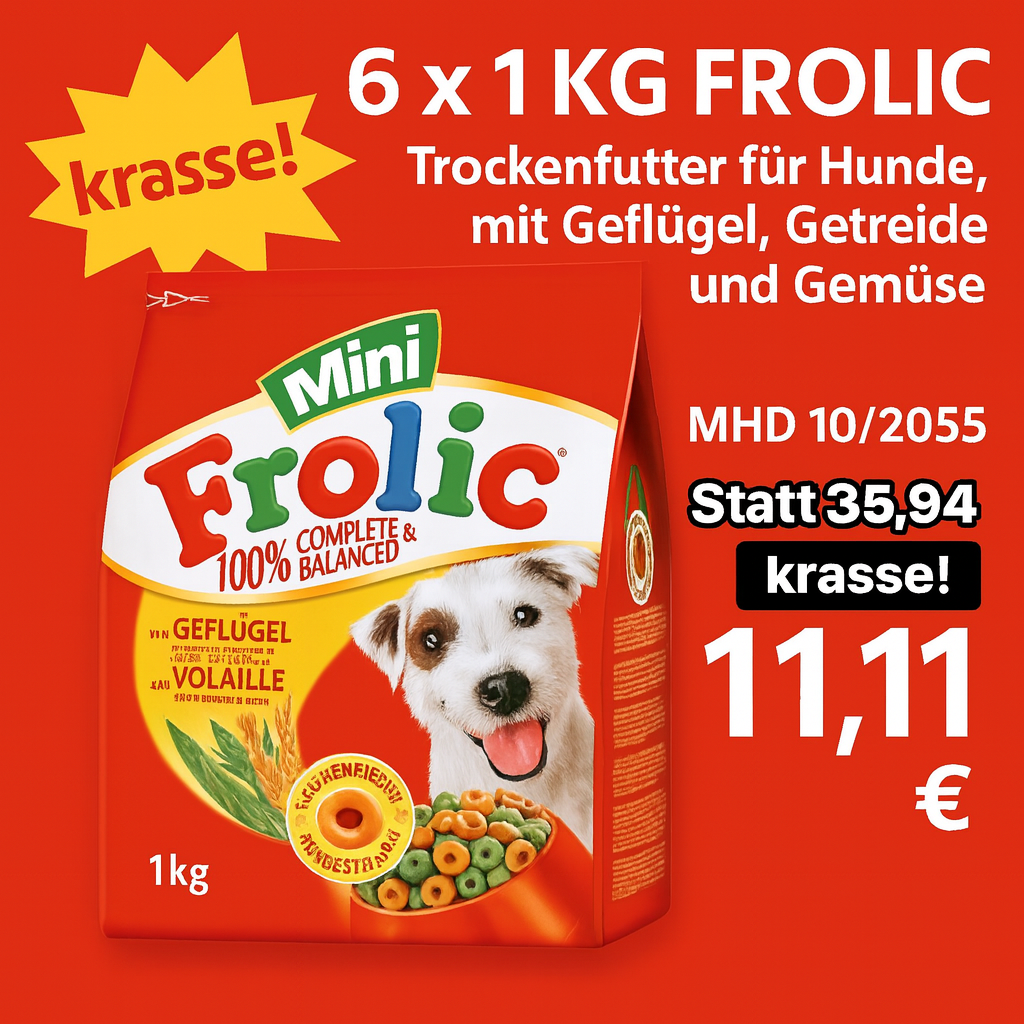 Frolic Trockenfutter für Hunde, mit Geflügel, Getreide und Gemüse, 6 x 1 KG