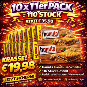 Ferrero Hanuta +1 Riegel GRATIS 10 x 11er Pack = 110 Stück - MHD 25.04.2026