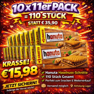 Ferrero Hanuta +1 Riegel GRATIS 10 x 11er Pack = 110 Stück - MHD 25.04.2026