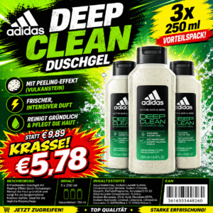 Adidas Deep Clean Shower Gel 3 x 250 ml – Peeling Duschgel mit Vulkanstein & frischem Duft