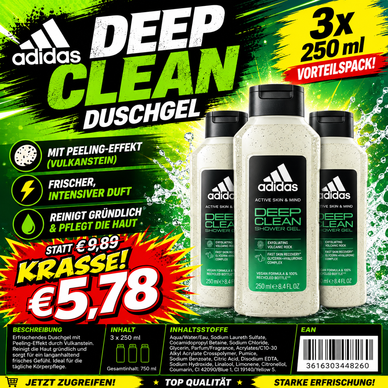 Adidas Deep Clean Shower Gel 3 x 250 ml – Peeling Duschgel mit Vulkanstein & frischem Duft