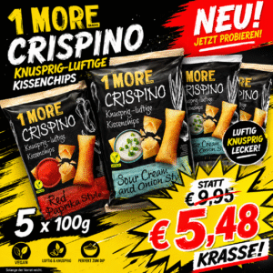 1 MORE Crispino Kissenchips Mix 5 x 100g – Sour Cream & Paprika Style - MHD Chargen 04/05.2026