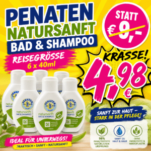 Penaten Natursanft Bad & Shampoo Reisegröße – 6 x 40ml | Extra mild, 98% natürliche Inhaltsstoffe