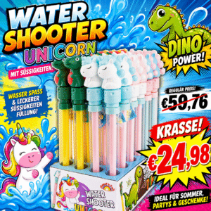 Water Shooter Unicorn & Dino mit Süßigkeiten – 24er Display