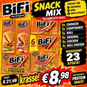 BiFi Snack Mix Vorteilspack – 23 Stück (Carazza, Currywurst, Roll, Original & Chicken) MHD Chargen 12/2025 sowie 04/05.2026
