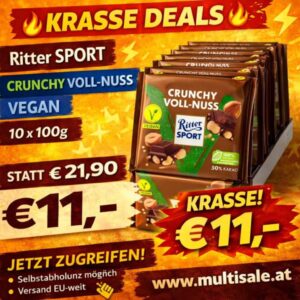 Ritter Sport Crunchy Voll-Nuss VEGAN Schokolade 10 x 100g – Knackige Haselnüsse, 50% Kakao Vorteilspack