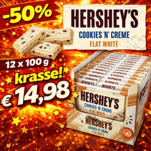 Hershey’s Cookies ’N’ Creme Flat White – Weiße Schokolade mit Keksstückchen 12 x 100g MHD Chargen 04-07.2026