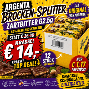 Argenta Brocken-Splitter Zartbitter 12 x 62,5g – Das Original - MHD Chargen 04-08.2026