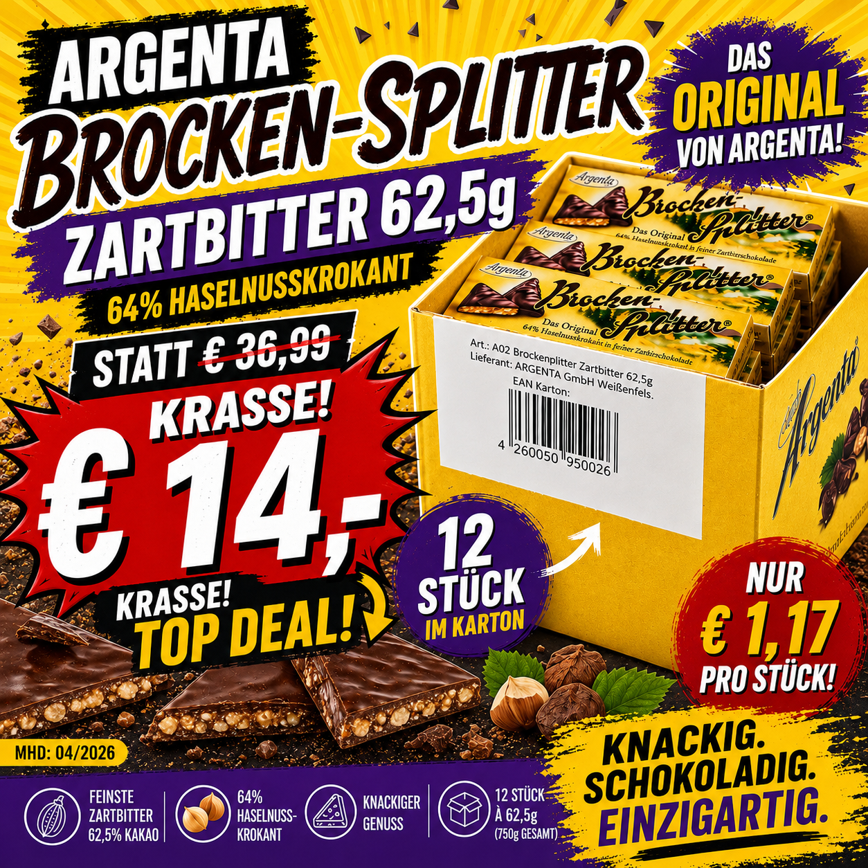 Argenta Brocken-Splitter Zartbitter 12 x 62,5g – Das Original - MHD Chargen 04-08.2026