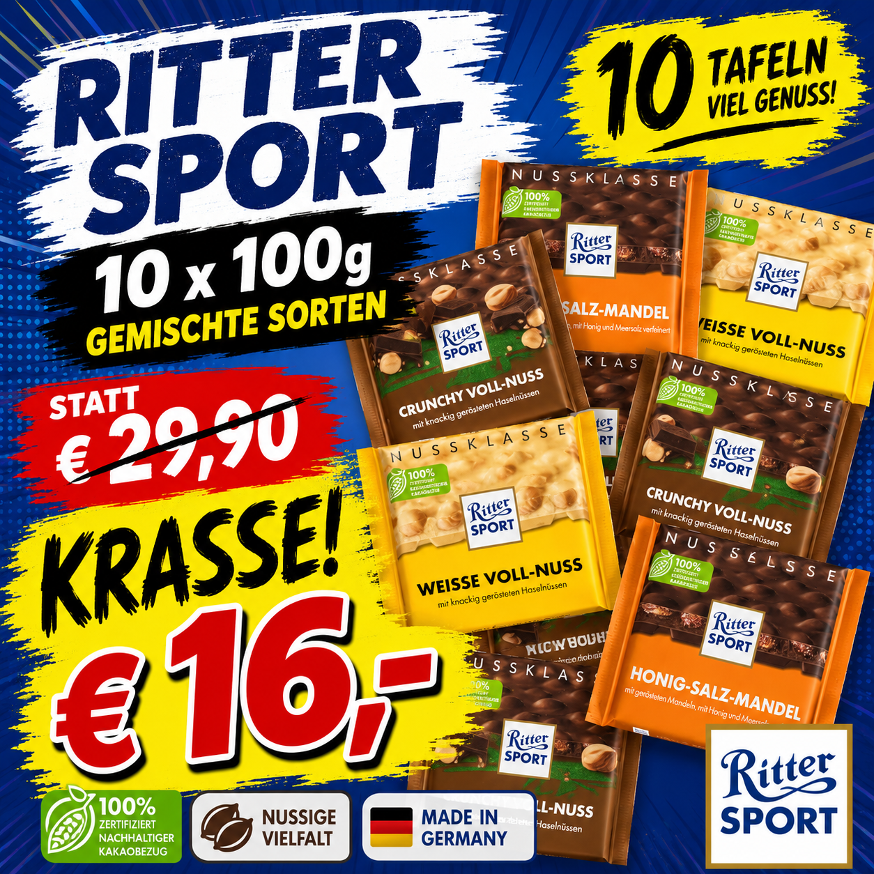 Ritter Sport Nuss-Klasse Mix 10 x 100g – Gemischte Sorten - MHD Chargen 04-07.2026