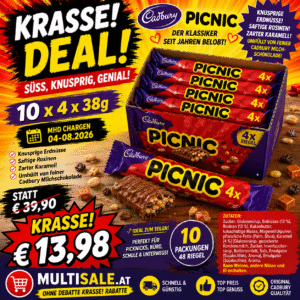 Cadbury Picnic Multipack – 10 × (4 × 38 g) Schokoriegel - MHD Chargen 04-08.2026