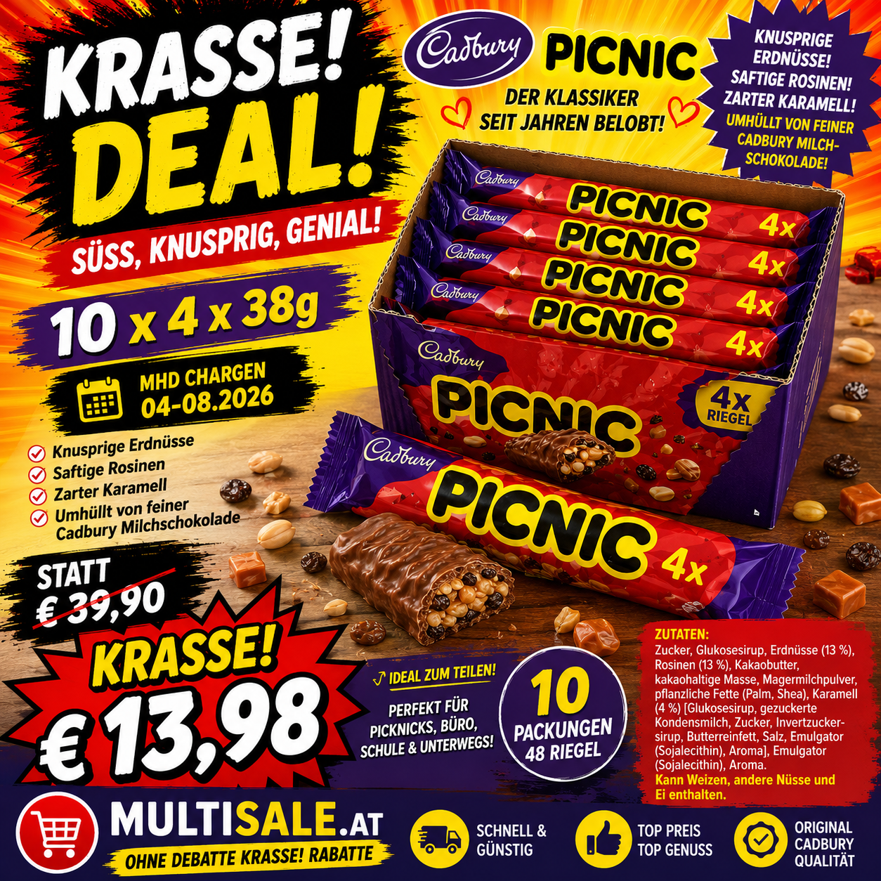 Cadbury Picnic Multipack – 10 × (4 × 38 g) Schokoriegel - MHD Chargen 04-08.2026