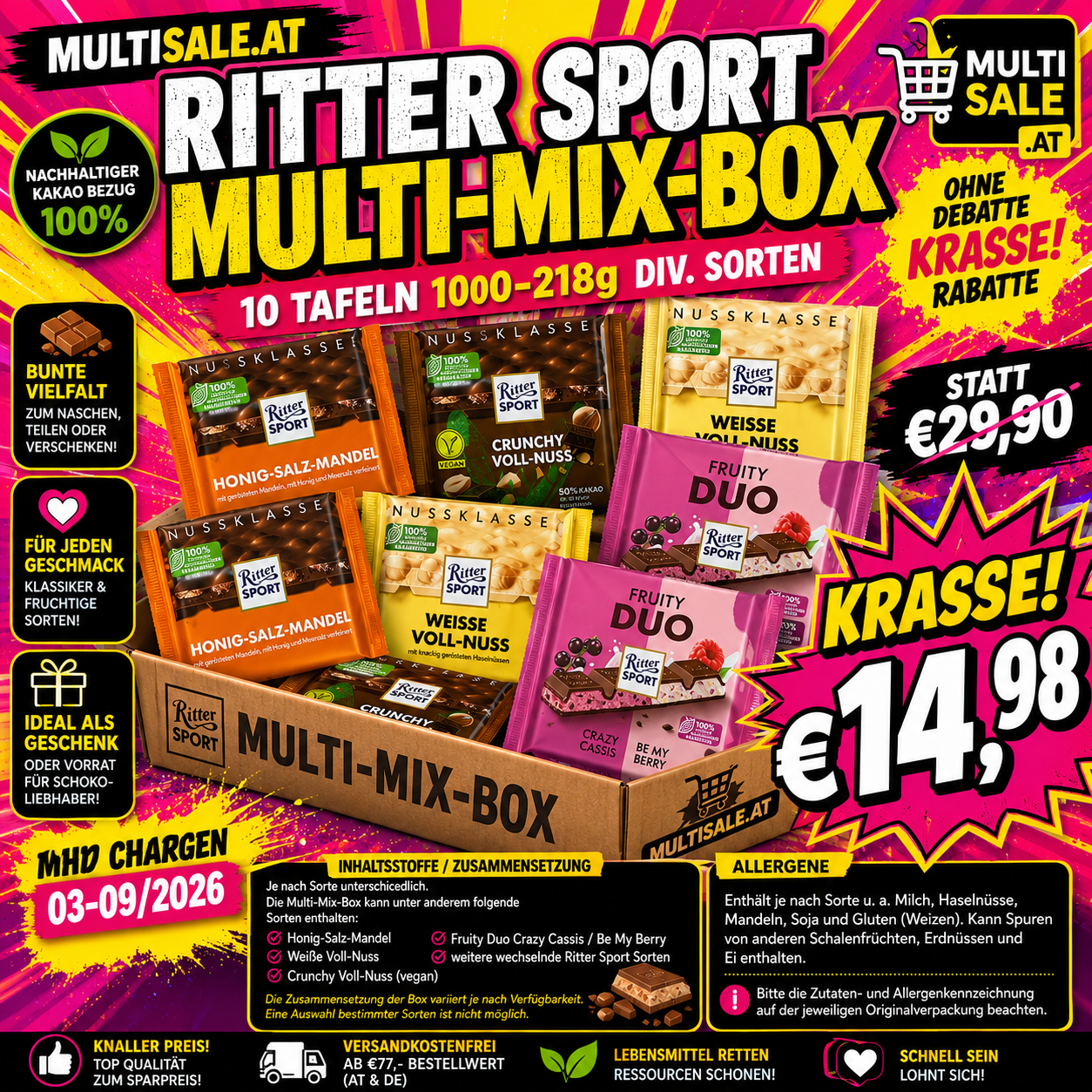 Ritter Sport Multi-Mix-Box – 10 Tafeln (100–218 g) | Verschiedene Sorten | MHD Chargen 03–09/2026