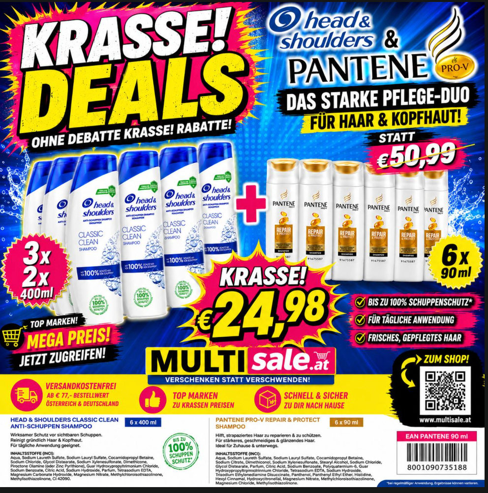 Head & Shoulders + Pantene Pro-V Pflege-Duo – 6 x 400 ml + 6 x 90 ml Shampoo MULTI-Spar-BOX