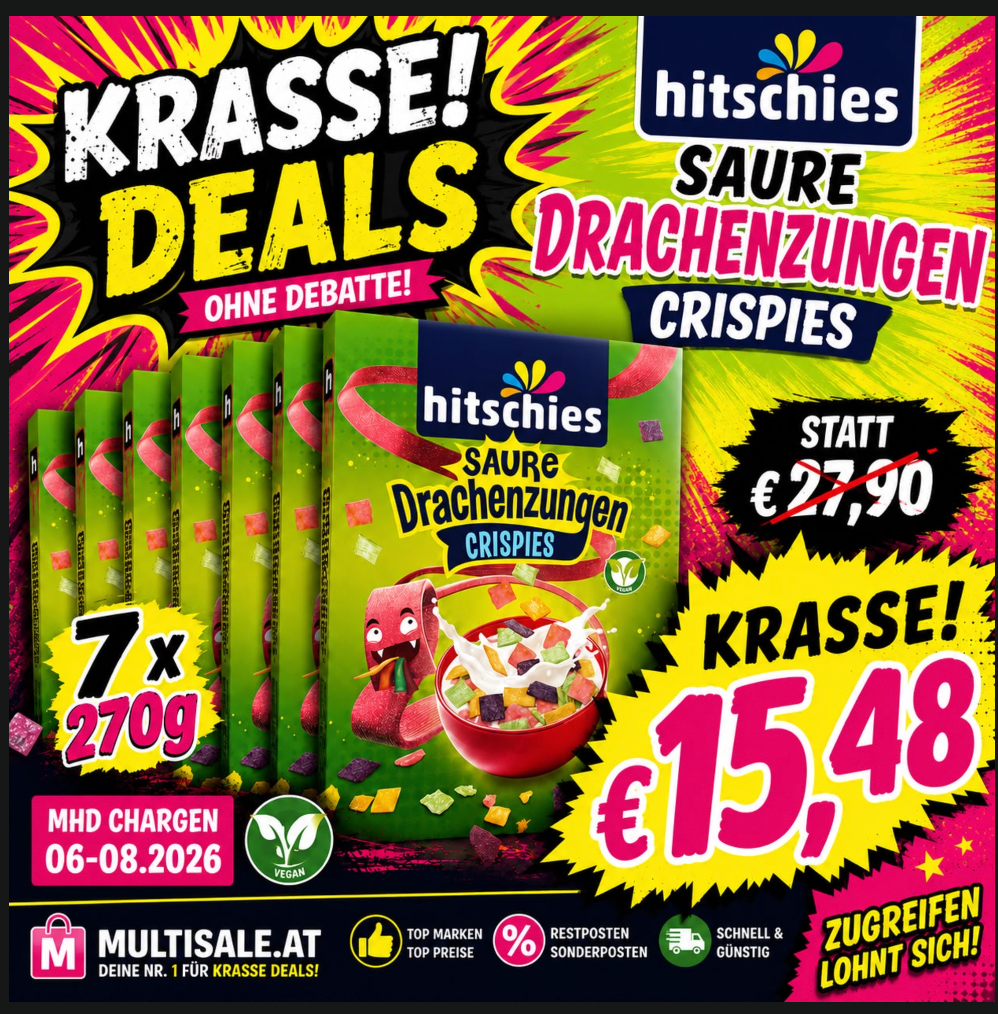 Hitschies Saure Drachenzungen Crispies XXL Sparpaket – 7 x 270 g - MHD Chargen 06-08.2026