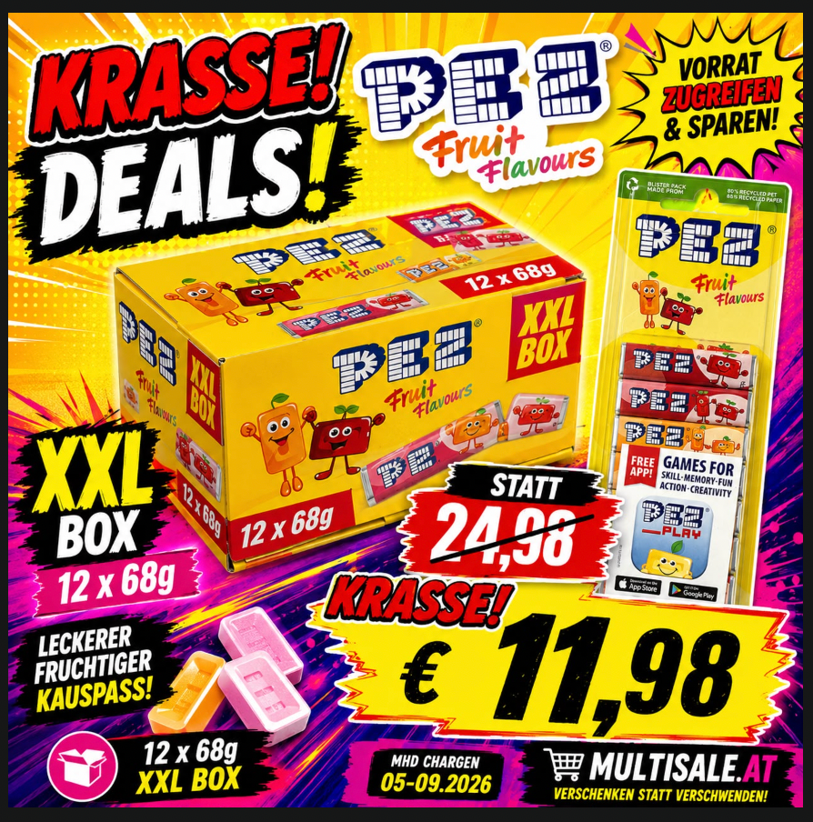 PEZ Fruit Flavours XXL Box – 12 x 68 g Fruchtbonbons im Vorratspack - MHD 05-09/2026