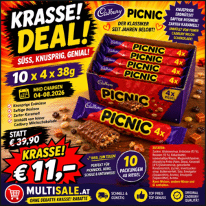 Cadbury Picnic Multipack – 10 × (4 × 38 g) Schokoriegel - MHD Chargen 04-08.2026