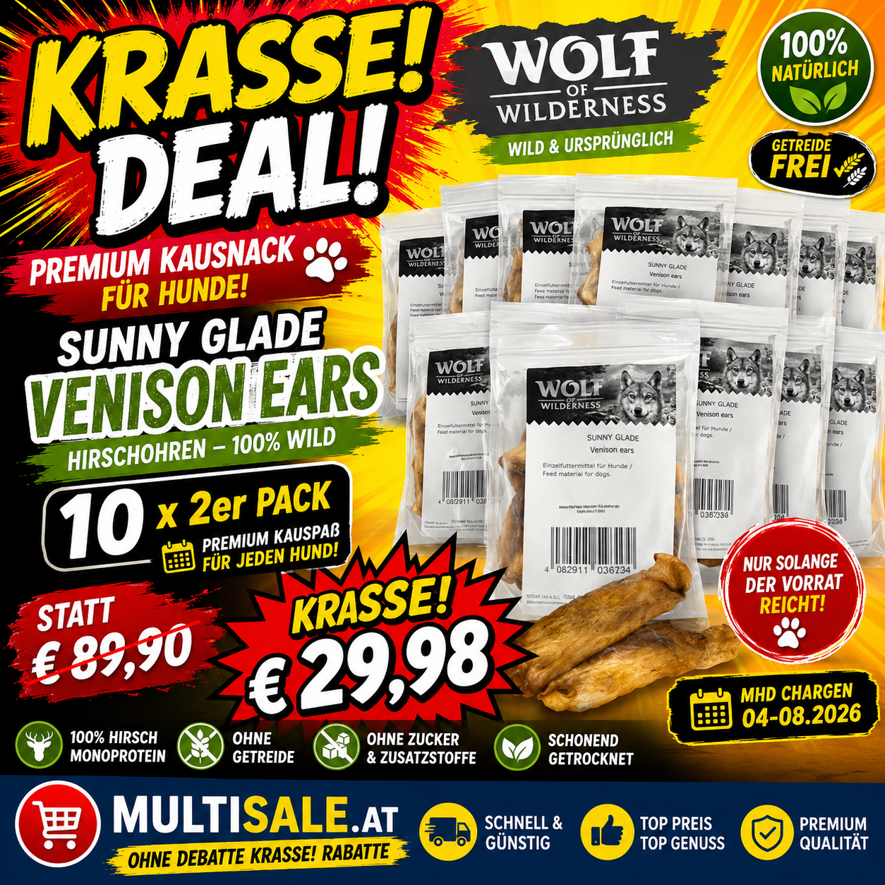 WOLF OF WILDERNESS Sunny Glade – Venison Ears (Hirschohren) 10 × 2er-Pack