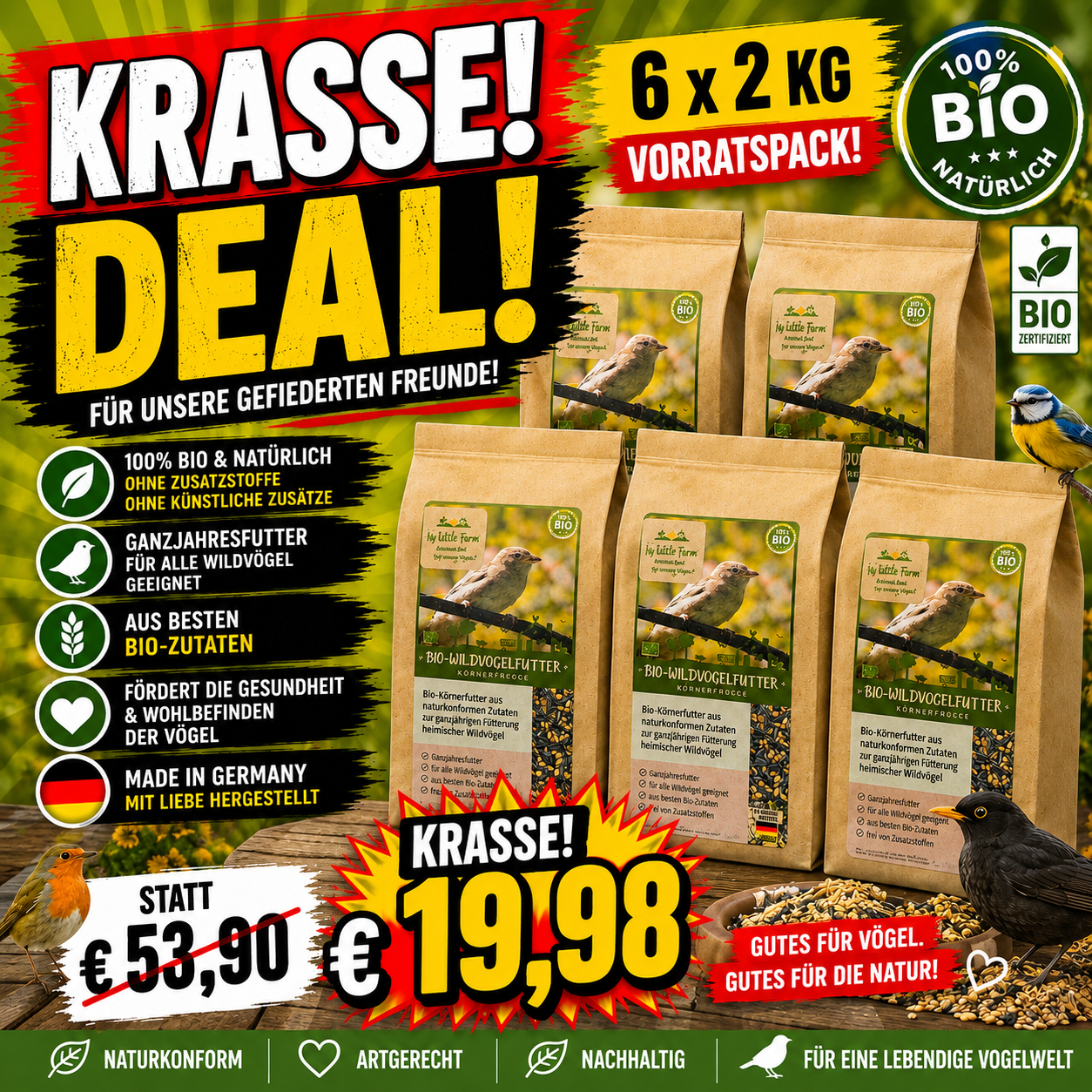 BIO-Wildvogelfutter Körnerfrocce – 6 × 2 kg Vorratspack