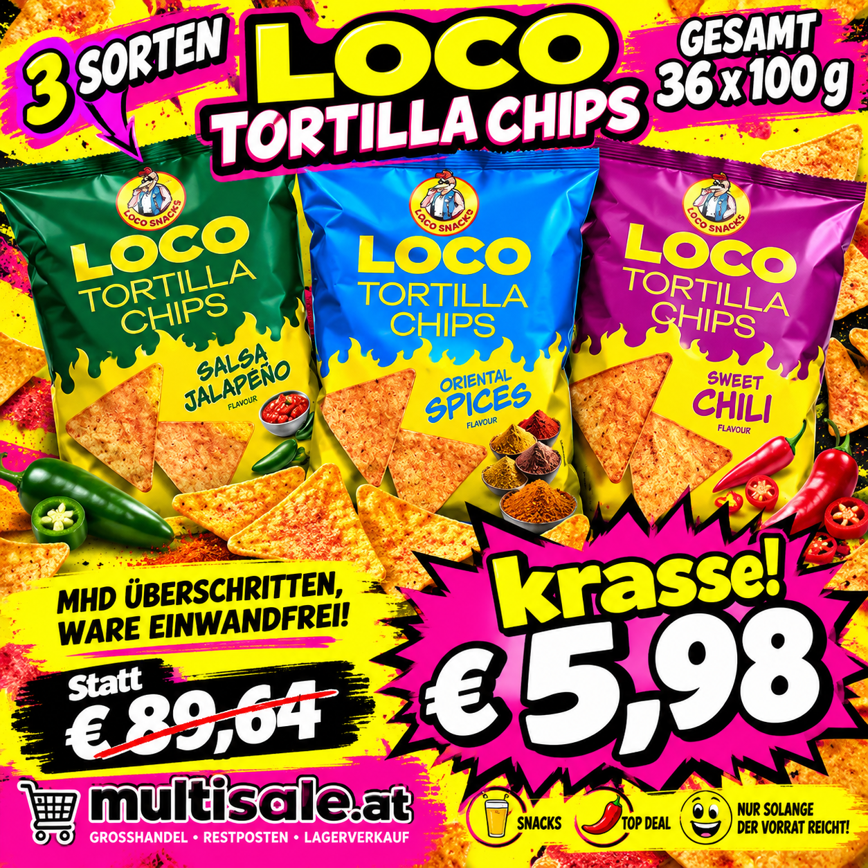 LOCO Tortilla Chips – 3 Sorten | 36 × 100 g | MHD 11/25 & 02/26