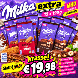 Milka Extra Schokolade MULTI-Mix – 15 × 190 g – 2 Sorten gemischt – MHD Chargen 04–09/2026