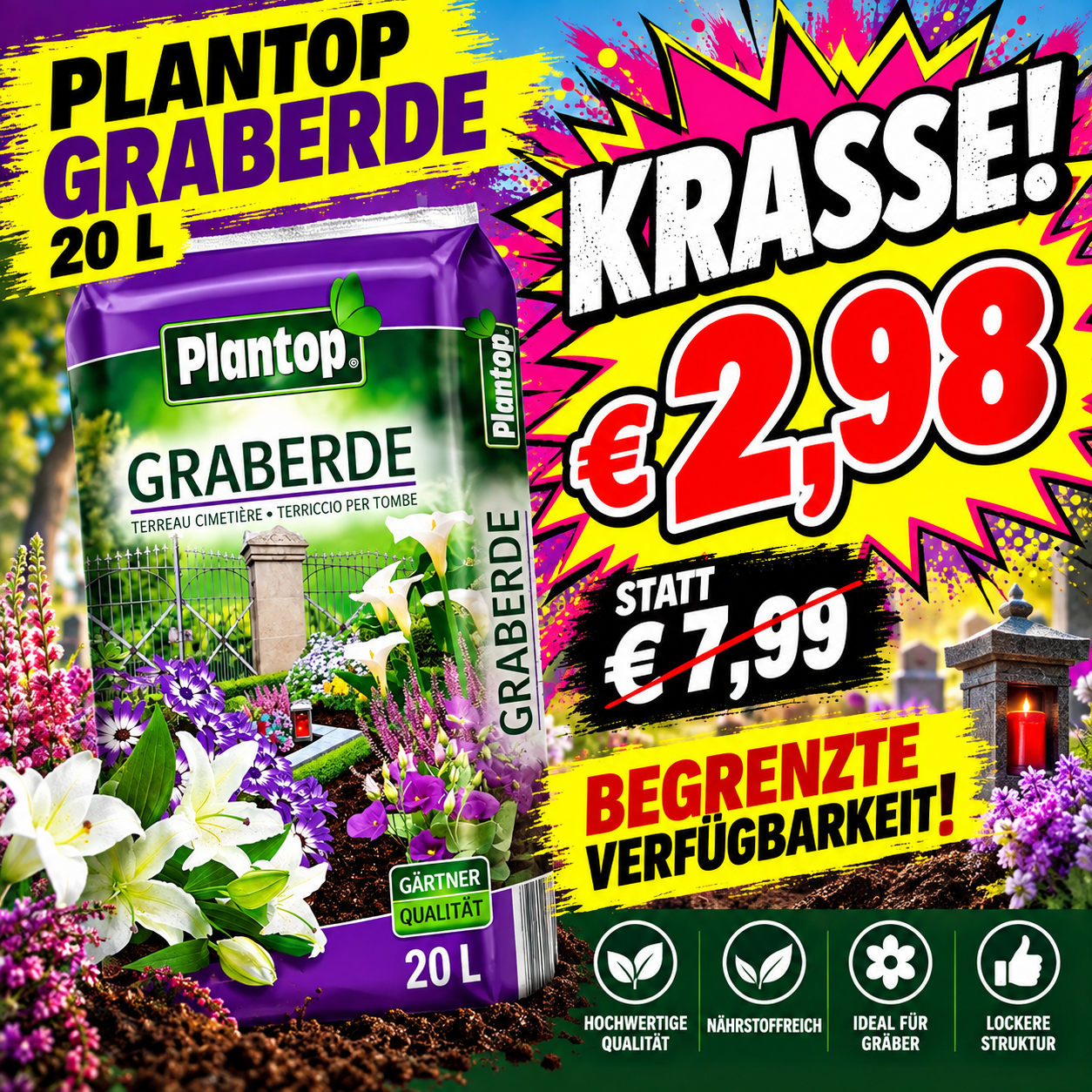 PLANTOP Graberde – 20 Liter | Spezialerde für Grabstätten