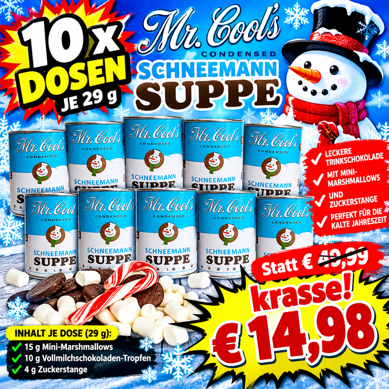 Mr. Cool’s Schneemann Suppe – Trinkschokolade 10 Dosen à 29 g – Gesamtinhalt 290 g