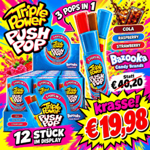 Triple Power Push Pop 12er Display – 3 Pops in 1 – Cola, Raspberry & Strawberry – MHD 11.2026